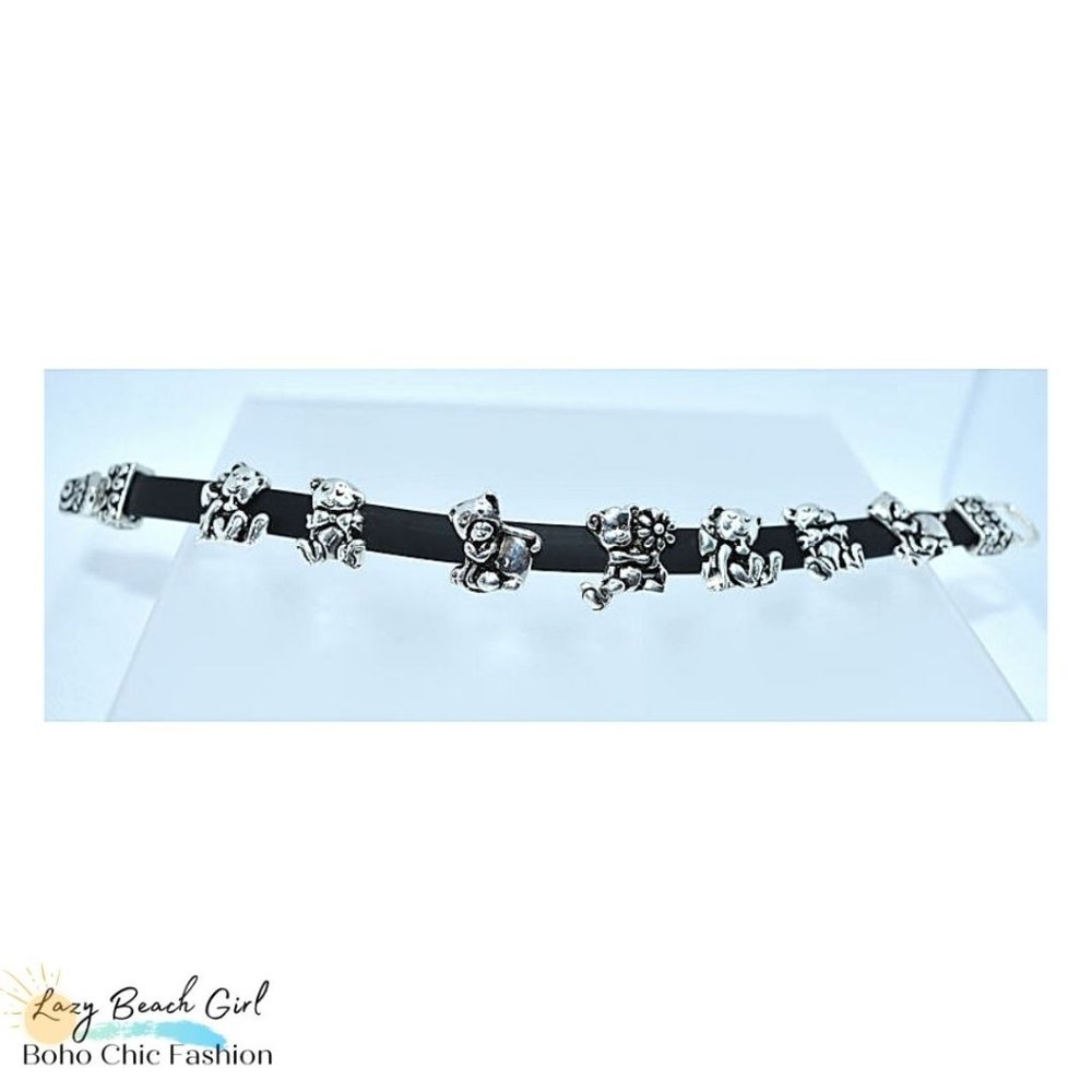 Black Leather Teddy Bear Bracelet